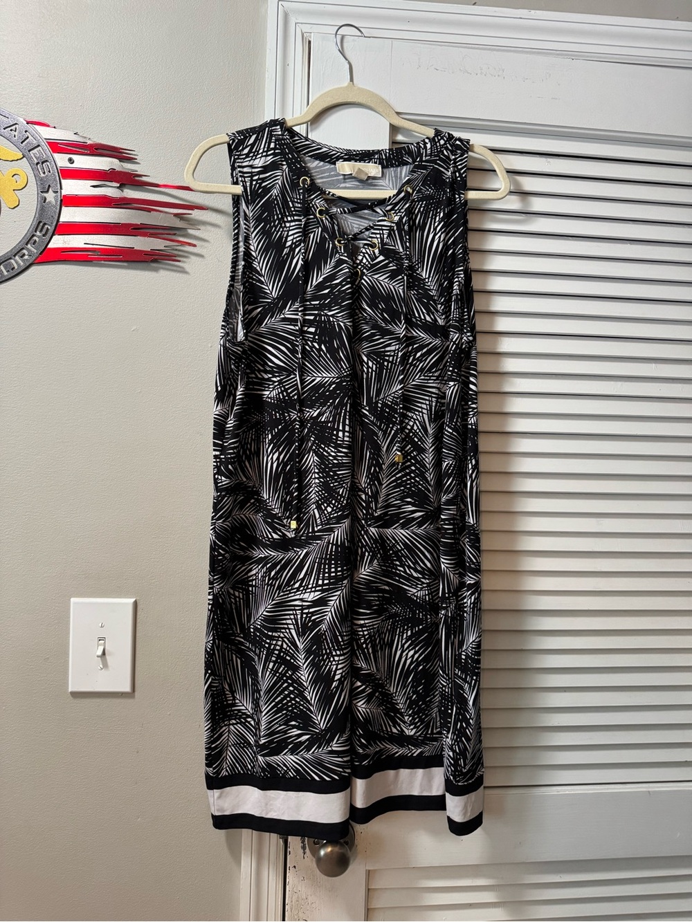Sleeveless Black & White Palm-Print Dress XL Michael Kors